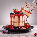 Strawberry cheesecake, dynamic food photography with splash effect