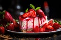 Strawberry cheesecake with fresh strawberries on a black background, Unveil the culinary artistry with macro food photography, Royalty Free Stock Photo