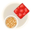 Strawberry cheesecake icon isometric vector. Strawberry cake and cappuccino cup