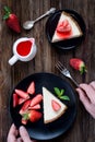 Strawberry cheesecake on rustic wooden table. Royalty Free Stock Photo