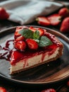 Strawberry cheesecake slice with mint leaves on a plate Royalty Free Stock Photo