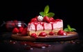 Strawberry cheesecake slice with red sauce topping and fresh strawberries, on a wooden platter against a dark background