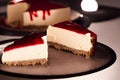 Strawberry cheesecake slices on a brown plate. Royalty Free Stock Photo