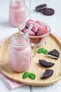Strawberry cheesecake smoothie with cream cheese and milk, vertical Royalty Free Stock Photo