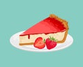 Strawberry cheesecake on plate. Vector illustration of sweet berry cake