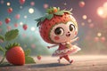 strawberry chibi character, dancing wears cute outfit, random bokeh background. 3d realistic art - generated by ai