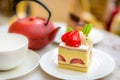 Strawberry Chiffon cake on white china plate