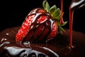 strawberry with chocolate on a black background, close-up, A close-up of a hand-dipped chocolate covered strawberry, AI Generated