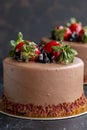 Strawberry and chocolate cake on a dark background. Close up brithday cake Royalty Free Stock Photo