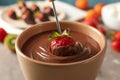 Strawberry in chocolate close up. Chocolate fondue Royalty Free Stock Photo