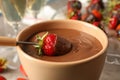 Strawberry in chocolate close up. Chocolate fondue Royalty Free Stock Photo