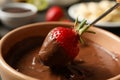 Strawberry in chocolate, close up. Royalty Free Stock Photo