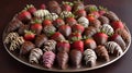 Strawberry chocolate dipped in dark chocolate and decorated with fresh berries.