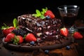 Strawberry, chocolate fruit cake and fresh strawberry on the wooden Royalty Free Stock Photo