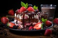 Strawberry, chocolate fruit cake and fresh strawberry on the wooden Royalty Free Stock Photo