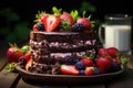 Strawberry, chocolate fruit cake and fresh strawberry on the wooden Royalty Free Stock Photo
