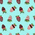 Strawberry in chocolate, glaze, sprinkle on blue background. Seamless repeat pattern. Vector, flat