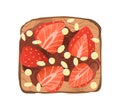 Strawberry and chocolate paste toast. Fruit sandwich with berries and pine nuts on grilled square bread. Sweet snack