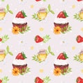 Strawberry chocolate watercolor cupcake. Seamless pattern with muffin with strawberries, honey and flowers. Hand drawing