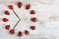 Strawberry clock with arrows of coffee beans showing a time of six or eighteen hours fifty-five minutes on an old board