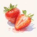 strawberry,close up,watercolor style,burst of juice feel,water droplet,realism,white background