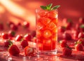 Strawberry cocktail with ice cubes and mint on red background Royalty Free Stock Photo