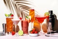 Strawberry cocktails set. Mocktails, smoothies and shakes with fruits and berries in glasses. Refreshing cold drinks and beverages Royalty Free Stock Photo