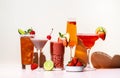 Strawberry cocktails set. Mocktails, smoothies and shakes with fruits and berries in glasses. Refreshing cold drinks and beverages Royalty Free Stock Photo