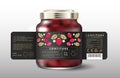 Strawberry confiture. Sweet food. Black label with red berries, gold leaves and small flowers.