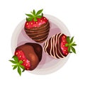 Strawberry Covered with Chocolate Glaze as Dessert Served on Plate Vector Illustration
