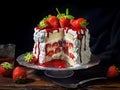 Tasty Birthday Strawberry cream cake with fresh fruits and dropping jam Royalty Free Stock Photo