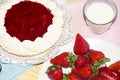 Strawberry and cream cake with straberries and a cup of milk Royalty Free Stock Photo