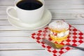 Strawberry cream filling in cake with coffee