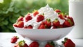 Strawberry with cream in white bowl. Closeup photorealistic concept design image