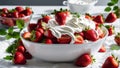 Strawberry with cream in white bowl. Closeup photorealistic concept design image