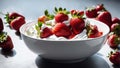 Strawberry with cream in white bowl. Closeup photorealistic concept design image