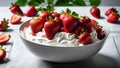 Strawberry with cream in white bowl. Closeup photorealistic concept design image