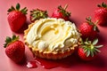 Strawberry with creamy custard, on a red surface Royalty Free Stock Photo