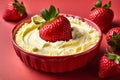 Strawberry with creamy custard, on a red surface Royalty Free Stock Photo