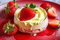 Strawberry with creamy custard, on a red surface Royalty Free Stock Photo