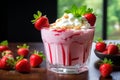 Strawberry with creamy custard, on a red surface