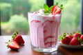 Strawberry with creamy custard, on a wood surface Royalty Free Stock Photo