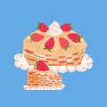 Strawberry Crepe Cake vector isolated on blue background. Sweets illustration for decorating on bakery menu, recipes, culinary