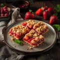 strawberry crumble bars on a plate, delicious, tasty, dark colors,