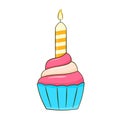 Strawberry cupcake with candle. Cartoon. Vector illustration Royalty Free Stock Photo