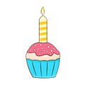 Strawberry cupcake with candle. Cartoon. Vector illustration Royalty Free Stock Photo