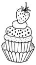 Strawberry cupcake doodle. Black line dessert drawing