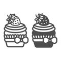 Strawberry cupcake with frosting and bow line and solid icon, pastry concept, fruit muffin vector sign on white