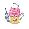 A strawberry cupcake hospitable Nurse character with a syringe