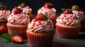 Strawberry Cupcakes with Cream Cheese Frosting and Coulis. Generative AI